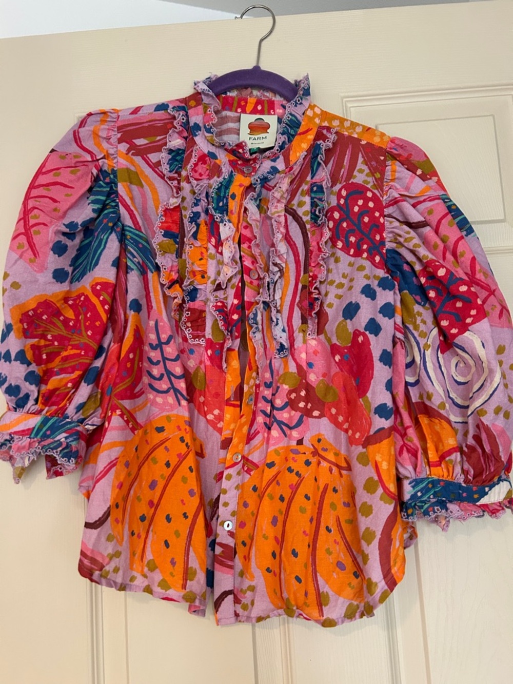 FARM Rio Vibrant Floral Ruffle Blouse — Pink, Orange & Blue small